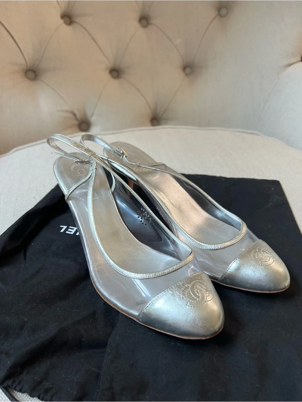 Chanel Silver Cap-Toe Slingback Ballet cat heel